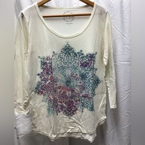 Lucky Brand Cream and Purple Graphic 3/4 Sleeve Blouse